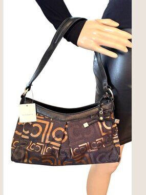 Liz Claiborne Heritage Mosaic Shoulder Bag Logo Print and Black Shoulder Straps